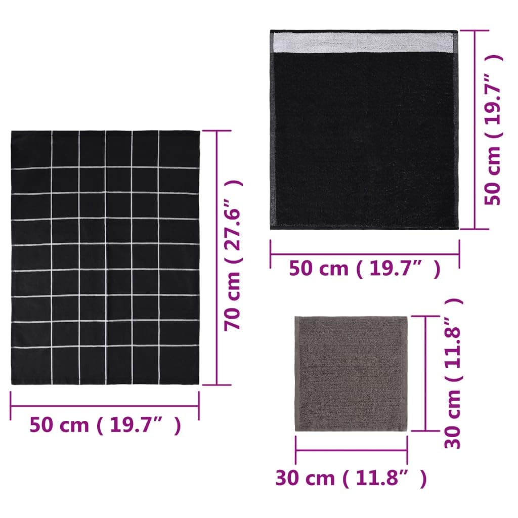 Set di 12 asciugamani neri in cotone, 4 strofinacci da cucina da 50 x 70 cm, 4 asciugamani per ospiti da 50 x 50 cm, 4 strofinacci da 30 x 30 cm, assorbenti per bagno, cucina, sauna, viaggi