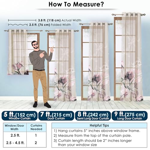 Image of Story@Home Door Curtains 7 Feet Long Set of 1 | Floral Printed | Semi Transparent Curtain | Net Curtains | Sheer Curtain for Living Room | (118 x 215 cm, Grey & Pink) | Perfect for Home Decor