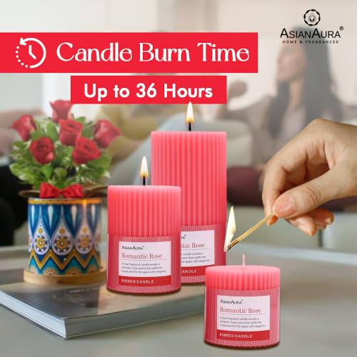Image of ASIAN AURA Ribbed Pillar Candles - Pack of 3 | Scented Candles for Home Decor, Gifting & Festive Use | Long Burn time up to 36hrs | Clean-Burning Wax & Smokeless Flame (Romantic Rose)