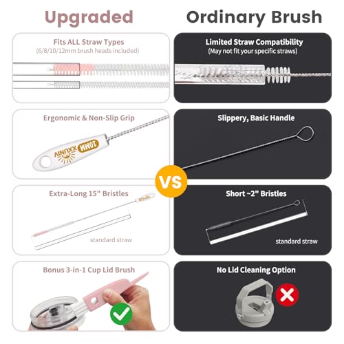 Image of 15 Inch Extra Long Straw Cleaner Brush Set, 5PCS for Stanley 40 oz Tumblers | 4 Straw Brushes in 6 /8 /10 /12mm plus a 3-in-1 Cup Lid Brush, Reusable Cleaning Kit for Owala, Yeti and 20-40 oz Tumblers, Pink