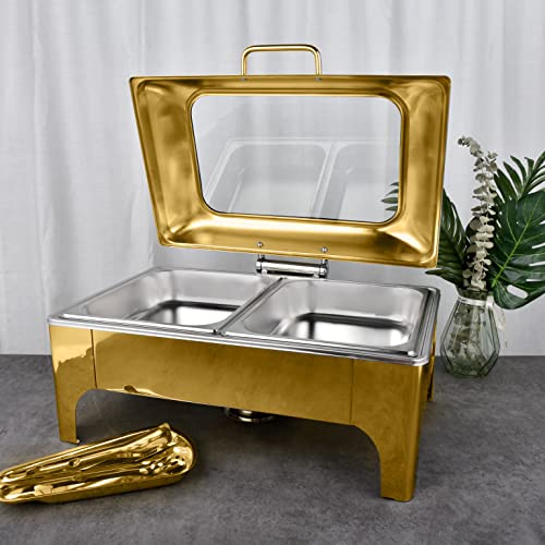 Golden 9QT Visible Chafing Dish Buffet Set, Stainless Steel Roll Top Buffet Server, Commercial Chafer for Catering, Fuel Holder for Parties, Dinners, Catering,Buffet and Weddings - Double Food Basin