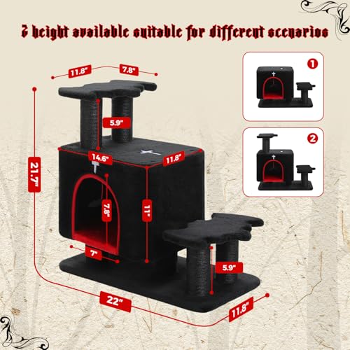 Image of Gothic 3-in-1 Dog Stairs & Cat Scratching Post with Condo - Pet Steps for High Beds, Sofa & Couch, 3-Tier Cat Tower with Sisal Scratching Pad for Small Dogs, Cats & Kittens, Black