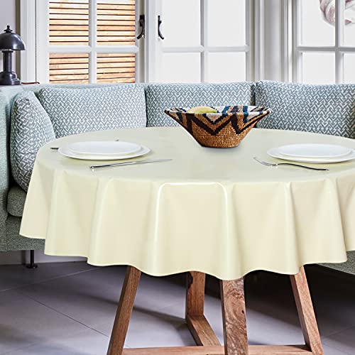 Image of sancua 100% Waterproof Round PVC Tablecloth - 60 Inch - Oil Proof Spill Proof Vinyl Table Cloth, Wipe Clean Table Cover for Dining Tables, Buffet Parties and Camping, Beige