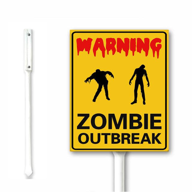 Halloween Warning Sign Zombie Outbreak Halloween Metal Sign Vintage Spooky Decor Halloween Decorations, 18X22CM Aluminum Sign Rust Free Weatherproof Outdoor Use