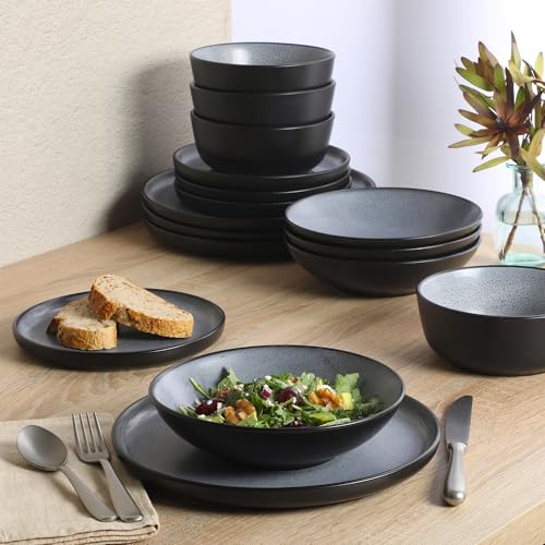 Image of Gibson Elite Tribeca Loft 16-Piece Dinnerware Set - Matte Black and Blue Reactive Glaze Stoneware, Double Bowl Round Plates and Bowls - Modern Rustic Dinnerware for 4, Dishwasher & Microwave Safe