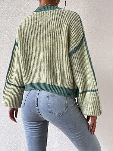 Makemechic Women's Contrast Trim Lantern Sleeve Open Front Cropped Cardigan Sweater Green M #TOP1