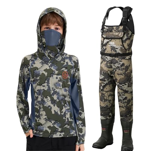 BASSDASH Youth & Kids Camo Hunting -Hunting Hoodies(L) & Chest Waders(8-9Y) Bundle