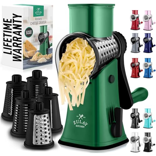 Zulay Rotary Cheese Grater 5 Blade Cheese Shredder - Manual Hand Crank Cheese Grater With Reinforced Suction & 5 Interchangeable Drums - Easy to Use Vegetable Chopper - Jade Night