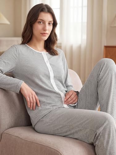 Image of Latuza Women's Petite Cotton Pajama Set Striped Button Down Pjs