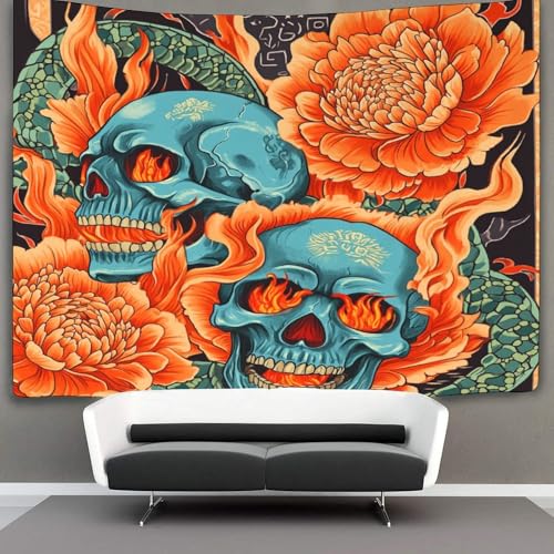 Tapisserie crâne bleu pour chambre ado esthétique décor mural 180x230 cm