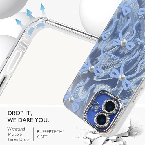 Image of VONZEE Compatible with iPhone 16 6.1'' Case Luxury Pink Girly Cute 3D Bow Pearl Glitter Bling Case with Full Camera Protection Shockproof PC+TPU Glossy Shiny Cover for Girls Women, Blue