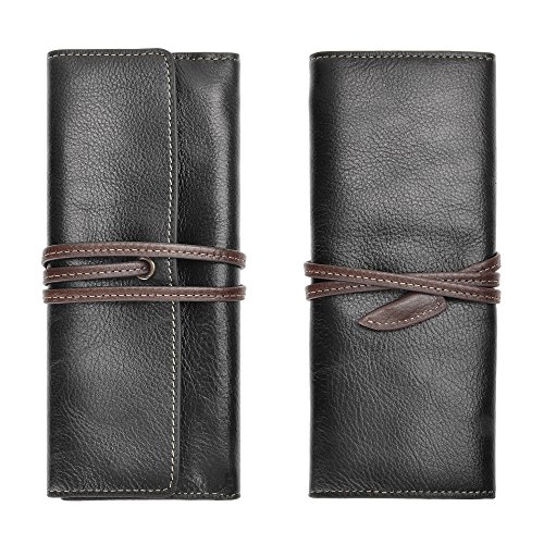 Image of ZLYC Handmade Leather Pencil Case Soft Roll Bag Stationery Gift,Black | multi slot pen storage design,school class daily use,office desk organizer,graduation holiday gift,foldable portable size