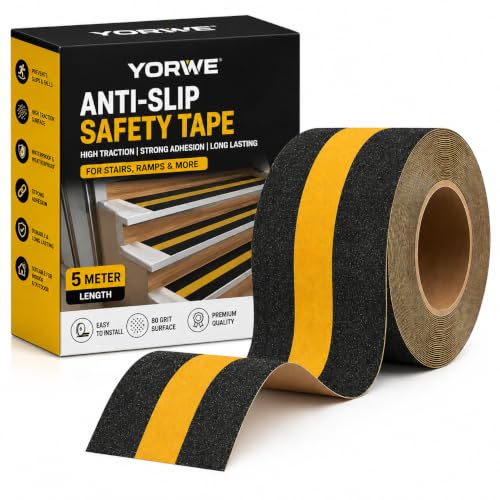 Image of YORWE Anti Slip Stair Tape with Glow in the Dark Strip - Heavy Duty Waterproof Non Slip Traction Tape for Stairs, Steps, Outdoor & Indoor Safety (Black and Yellow, 5 Meter)