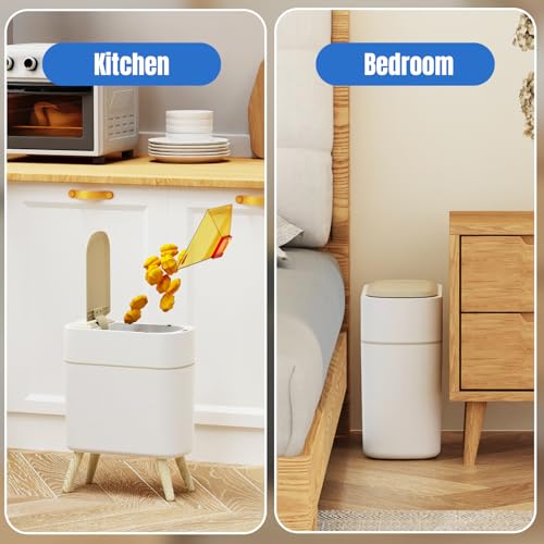 Image of Yatmung 2 Pack - Motion Sensor Trash Can with Lid - Slim Smart Garbage Can | Waste Basket for Bedroom, Office, Kitchen, Living Room - Automatic Trash Can Bathroom Touchless - White with Wooden Legs