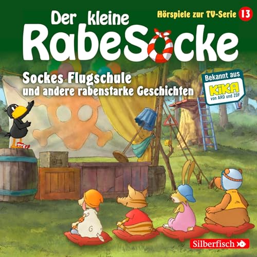 Diseño de la portada del título Sockes Flugschule und andere rabenstarke Geschichten. Das H&ouml;rspiel zur TV-Serie