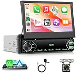 Rimoody Single Din Wireless Carplay Android Auto Car Stereo, 7'' Flip Out Touch Screen Car Radio 1 Din with Bluetooth FM Radio EQ TF/USB/AUX + Rear View Camera