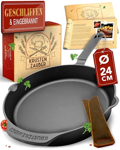 KRUSTENZAUBER Gusseisenpfanne Induktion 24cm inkl. Anleitung und Rezeptbuch - Geschliffene Pfanne Gusseisen, Eisenpfanne, Cast Iron Pan, Gusspfanne, Gusseiserne Pfanne, Gusseisen-Pfanne, Gusspfanne