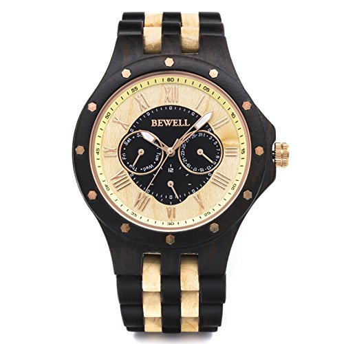 Bewell Wooden Watches for Men Date Luminous Pointers Quartz Mens Wood Watch W116C (Ebony and Maple)