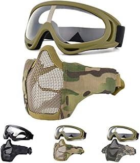 Fansport Airsoft Mask Tactical Goggles Set, Lower Half Face Mesh Masks Foldable Steel mesh mask Airsoft Protective Mask with Goggles Set for Hunting, Shooting, Paintball (Yellow)