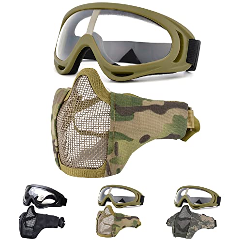 Fansport Airsoft Mask Tactical Goggles Set, Lower Half Face Mesh Masks Foldable Steel mesh mask Airsoft Protective Mask with Goggles Set for Hunting, Shooting, Paintball (Yellow)