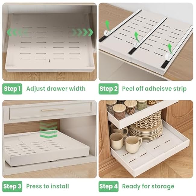 4 Pack Expandable Pull Out Cabinet Organizer, 21 Depth, for Kitchen Cabinets, Upgrade 3 Slide Slide-Out Drawers, Adjustable Width 12.05 - 20.5, White