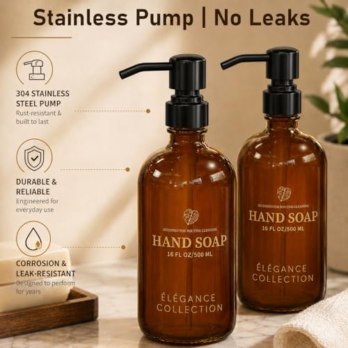Image of Fachixy Amber Glass Soap Dispenser (2 Pack), 16 Fl Oz Hand & Dish Soap Dispenser Bottles Set with Leak-Resistant Stainless Steel Pump, Non-Slip Pad, 14 Waterproof Labels for Kitchen and Bathroom