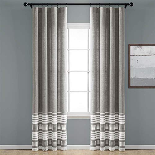 Lush Decor Nantucket Yarn Dyed Cotton Tassel Fringe Window Curtain Panel Pair, 84" x 40", Gray