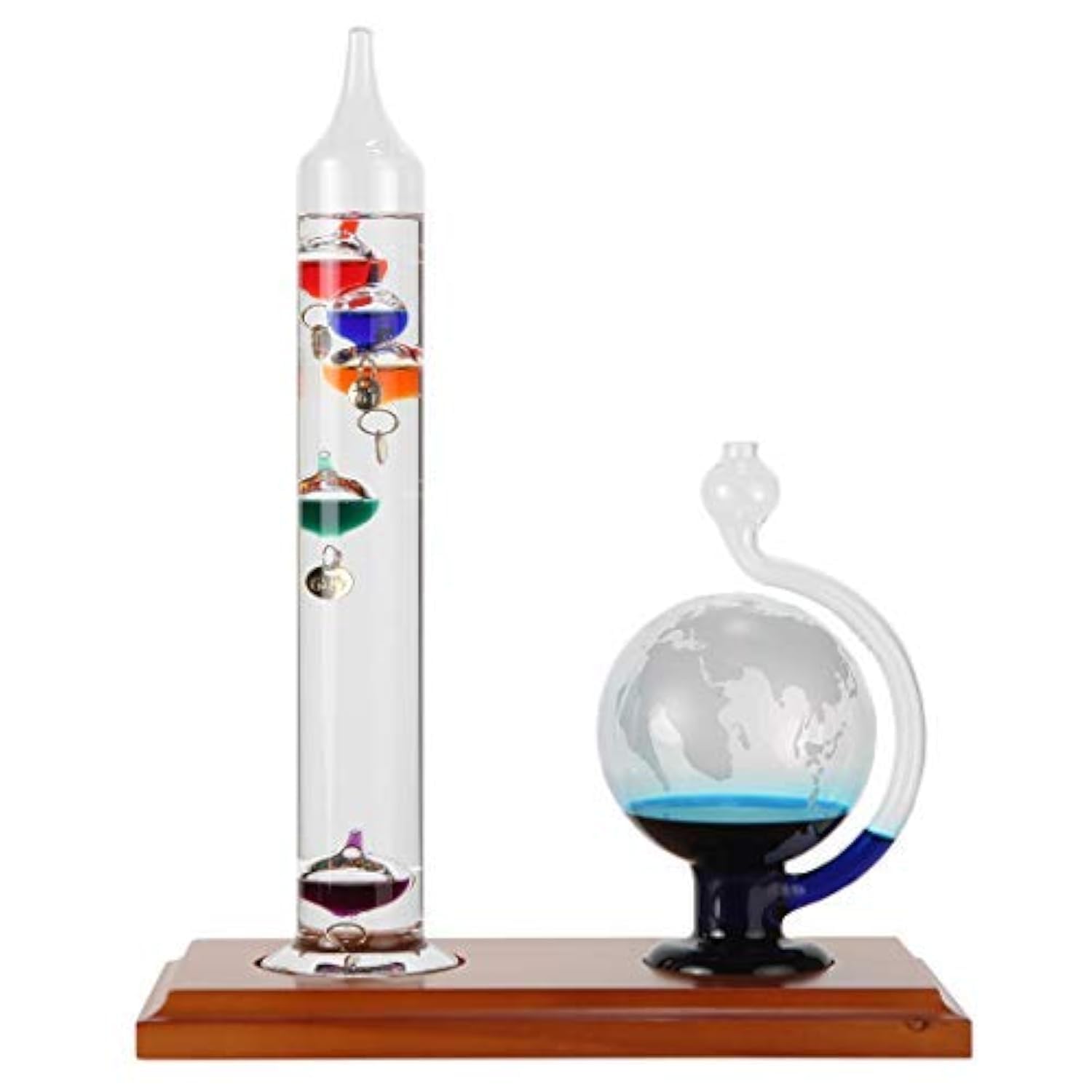 Lily's Home Galileo Thermometer with Etched Glass Globe Barometer, A Timeless Design That Measures Temperatures from 64oF to 80oF with a Beautiful Wood Base, 5 Multi-Colored Spheres (9 in x12 in)