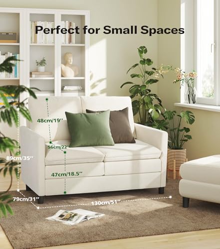 Image of Welzona 3-Layers Cloud Loveseat Sofa, 51 inch Small Couch, Teddy Small Sofa | Comfy Teddy Fabric, Washable Covers, Tool-Free Setup, All-wood Futon Couch for Living Room, Bedroom, Small Spaces, Beige