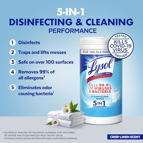 Image of LYSOL Disinfecting Wipes, All Purpose Cleaner, Multi-Surface Antibacterial Cleaning Wipes, Household Cleaning Supplies, Dorm Essentials, Crisp Linen Scent, 80 ct.