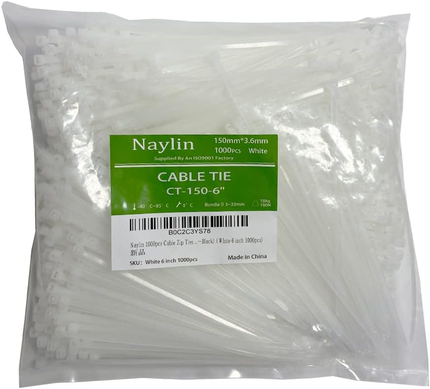 White 6 inch 1000pcs Cable Zip Ties Heavy Duty Premium Plastic Wire Ties with 41
