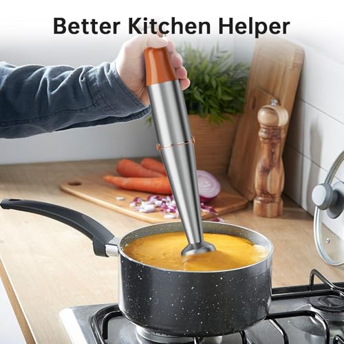 Image of Turelar Immersion Blender Handheld Corded Hand Blenders Set 1100W, Trigger Variable Speed 5 in 1 Stick Emulsifier with Chopper, Whisk and Frother for Soup, Baby Food and Smoothies, Orange