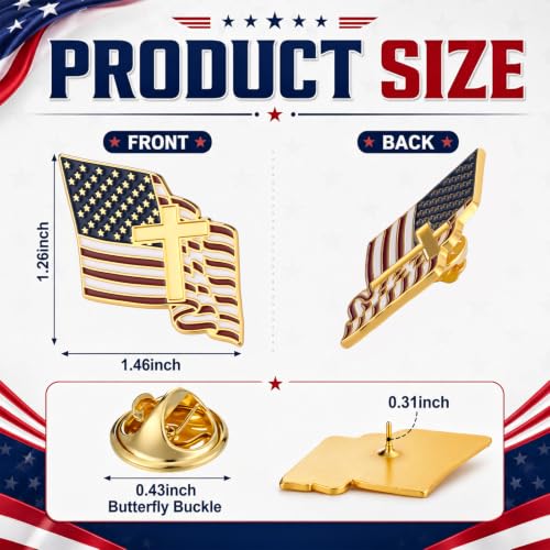 Image of Huquary Patriotic Cross with Waving American Flag Metal USA Flag Lapel Pins for American Patriotic Suits Jackets Hats Backpacks Clothes Decor