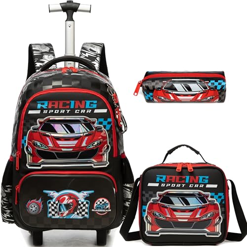 Meetbelify Mochila infantil com rodinhas para meninos e meninas do ensino fundamental, 02 carros, 16.5'X11.8'X7.8', 20L