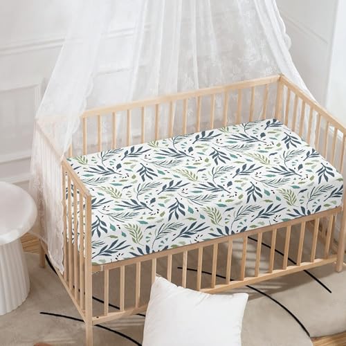Image of Tropical Leaves Baby Crib Sheets for Boys Girls Leaf Fitted Crib Sheet for Standard Crib and Toddler Mattress Blue Green Baby Mattress Sheets Toddler Bed Sheet 52x28x8 in