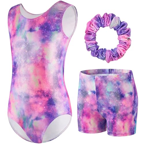 FILOWA Leotardo de Gimnasia para Niñas 3 Piezas Sin Mangas Maillot de Gimnasia Rítmica con Pantalones Cortos y Diadema Soñadora Degradados Body Traje De Actuación Artístico Ropa para 5-6 años, Morada