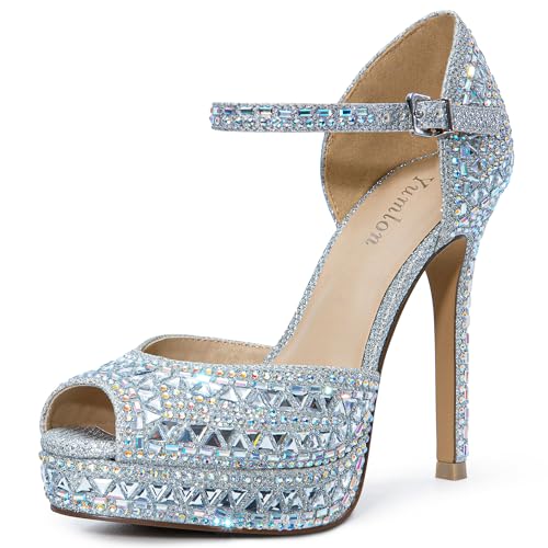 Women's Peep Toe Platform High Heels Stiletto Pumps Sparkly Rhinestones Diamond Sandals for Wedding Bride Party Evening Dress Shoes