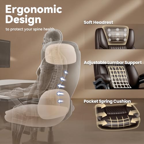 Image of Waleaf 600lbs Big and Tall Office Chair, Heavy Duty Chair for Heavy People, Adjustable Ergonomic Lumbar Support Executive Chair, Large High Back and Quiet Rubber Wheels