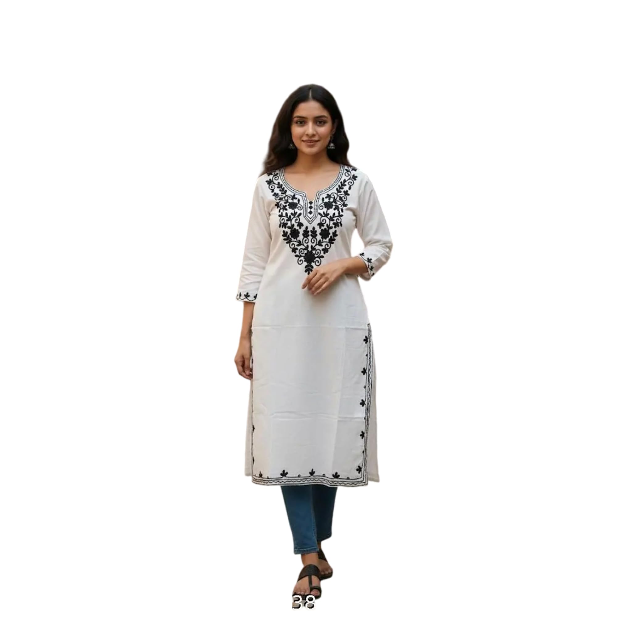 Women's Khadi Cotton Round Neck 3/4th Sleeves Ari Embroidered Regular Kurti-picture-22