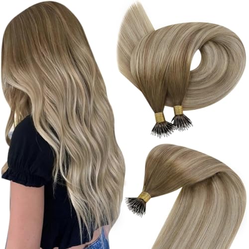 Easyouth Nano Extensions Real Human Hair Balayage Nano Extensions Real Human Hair Dark Brown Ombre to Light Brown Mixed Blonde Nanoloop Straight Extension for Volume 14 Inch 50g/50s #3/8/22