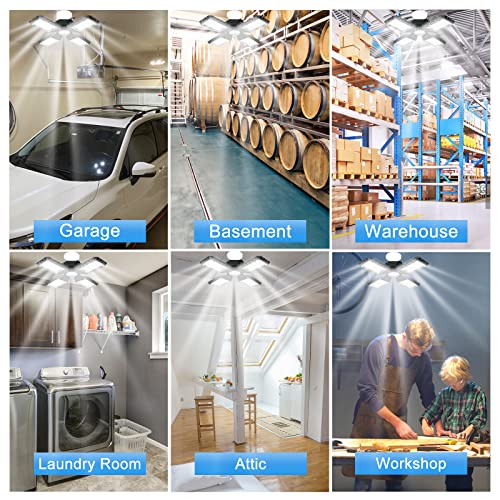 QiyuanLS LED Garage Lights,150W Deformable LED Garage Ceiling Lights,15000LM Garage Lights with 4 Adjustable Panels, E26/E27 LED Shop Lights for Garage, Basement, Barn, Workshop,High Bay Light