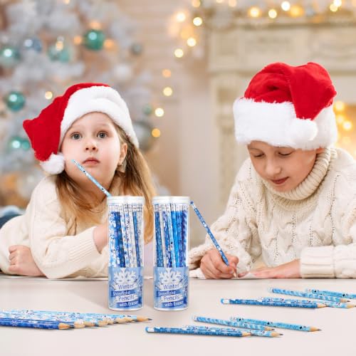 Fovths 384 Pieces Winter Snowflake Pencils with Eraser Toppers Fun Holiday Gift Pencils Bulk with Storage Box HB Pencil Frozen Party Favors for School Stationery Party Reward Supplies - Image 6