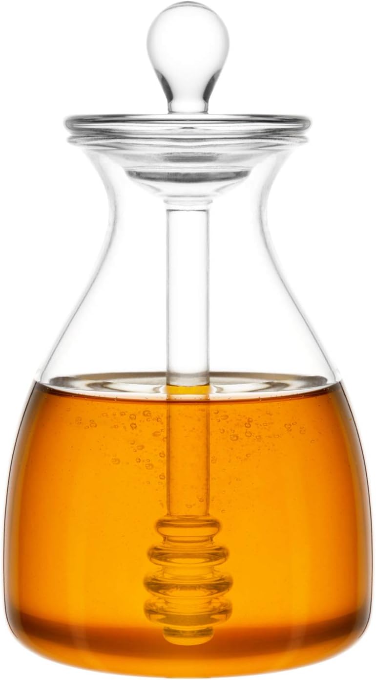 Honey Dispenser Glass Honey Pot Honey Jar with Dipper Sticks and Lid Cover Honey Containers Holder for Home Kitchen, 14 Ounces