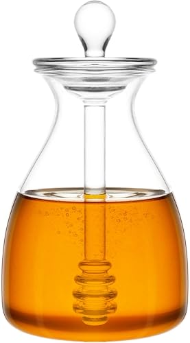 Mkono Dispensador de miel de vidrio para miel con varillas y cubierta de tapa, contenedor de miel para cocina del hogar, 14 onzas