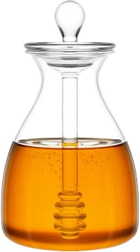 Mkono Honey Dispenser Glass Honey Pot Honey Jar with Dipper Sticks and Lid Cover Honey Containers Holder for Home Kitchen, 14 Ounces