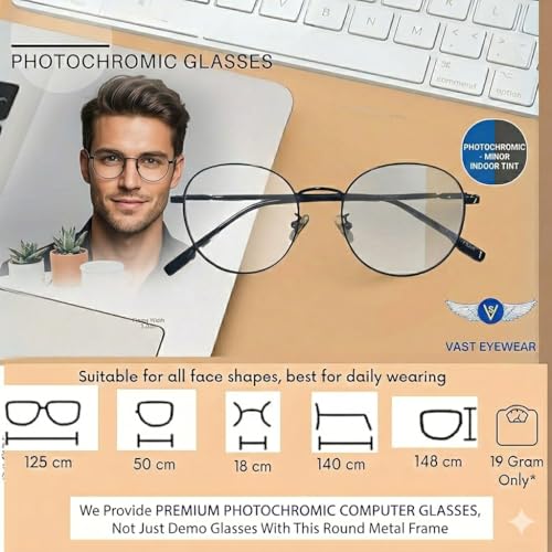 Image of Vast Photochromic Blue Cut Computer Glasses for Eye Protection | Zero Power Anti Glare & Blue Light Filter | UV Protect Specs for Men & Women| Frames| Cooling Glasses Lens
