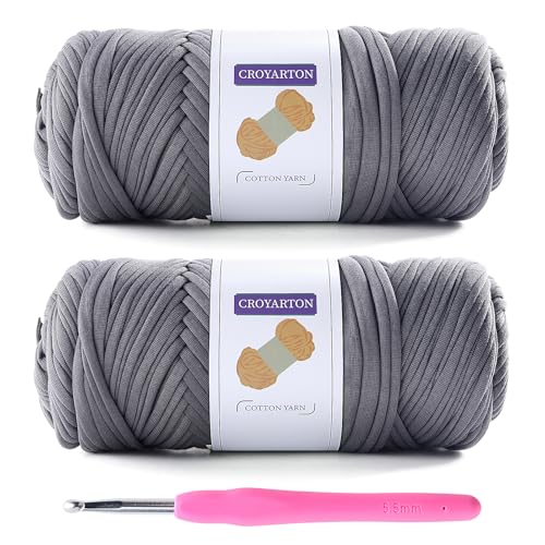 Image of 2 Pack T Shirt Yarn for Crocheting with 1 Crochet Hook, Elastic Tshirt Yarn for Crochet Bag /Baskets /Home Decor, Spaghetti Yarn Thick Knitting Yarn Total Length 130 Yds, Weight 14 Oz (Dark Gray)