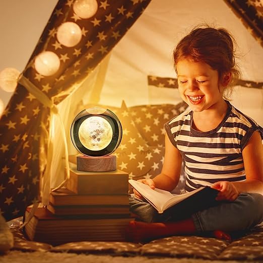 Image of 3D Moon Crystal Ball Lamp - Solar System Night Light, 3D Crystal Ball, Galaxy Lamp Ball, Light with USB Powered 3.15 Inch LED Wooden Base, Perfect for Gifts (Moon)