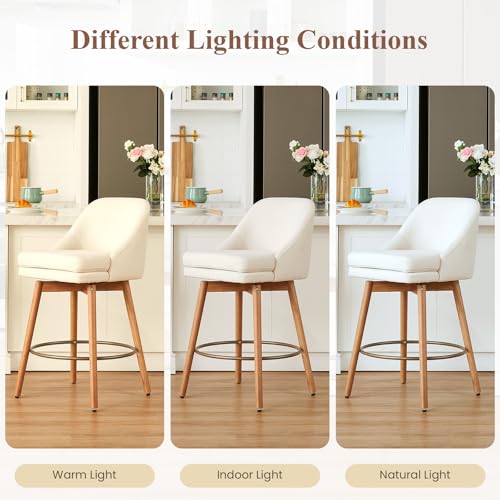 Image of kinmars Modern Bar Stools Set of 2,Swivel Counter Height Bar Stools with Soft Upholstered Back,Thick Seat,Wooden Legs, 27 inch Counter Stools for Kitchen Island (Beige, 2 Pieces - 27 inch Counter Height)