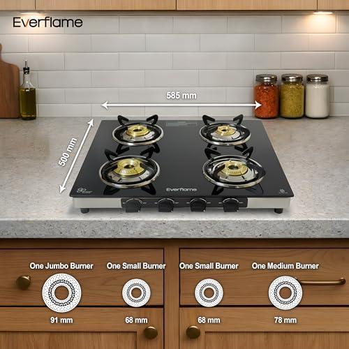 Image of Everflame Iris 4 Burner Gas Stove | Manual Ignition | LPG Gas Stove | SS Frame | Heavy Brass Burner | Toughened Glass | Modern Kitchen Slim Cooktop | 2 Years Product Warranty + Doorstep Service